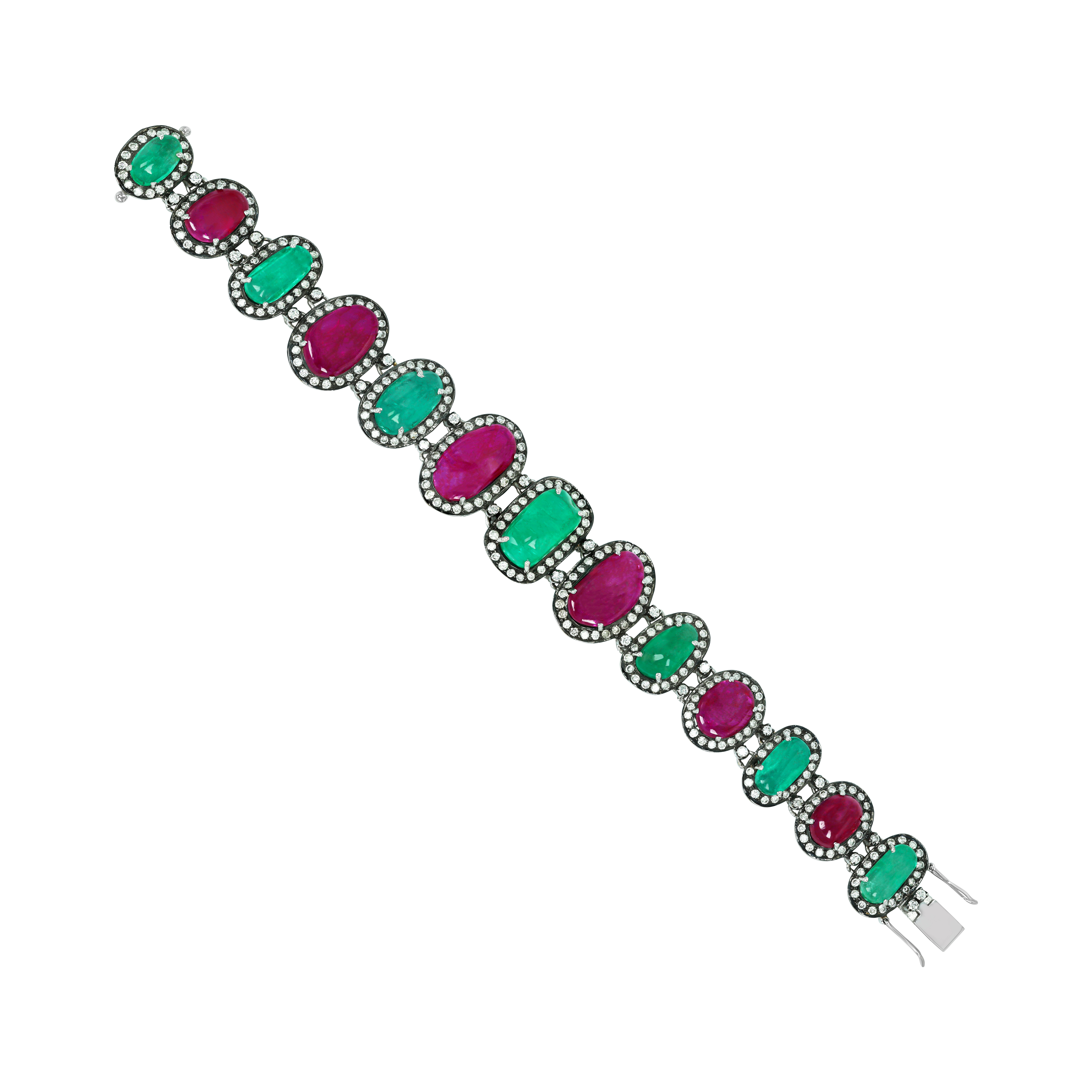 Alternating Pink and Green Bracelet with Diamond Halos